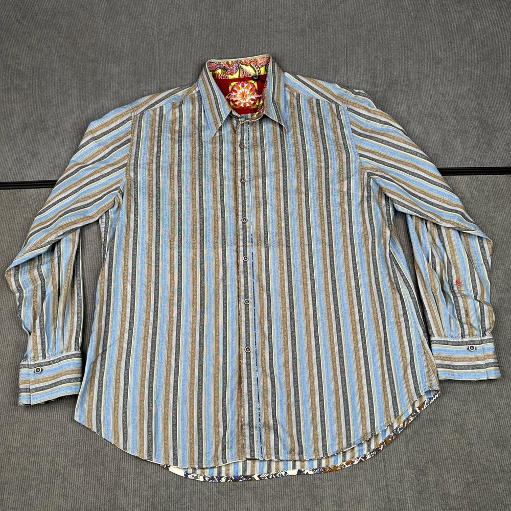 Robert Graham XL Long Sleeve Blue Brown Striped Paisley Designer Casual‎